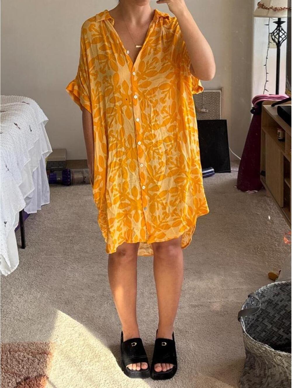 Laha’ole Hawaii Orange Tropical Button Front Cover Up Dress — Medium